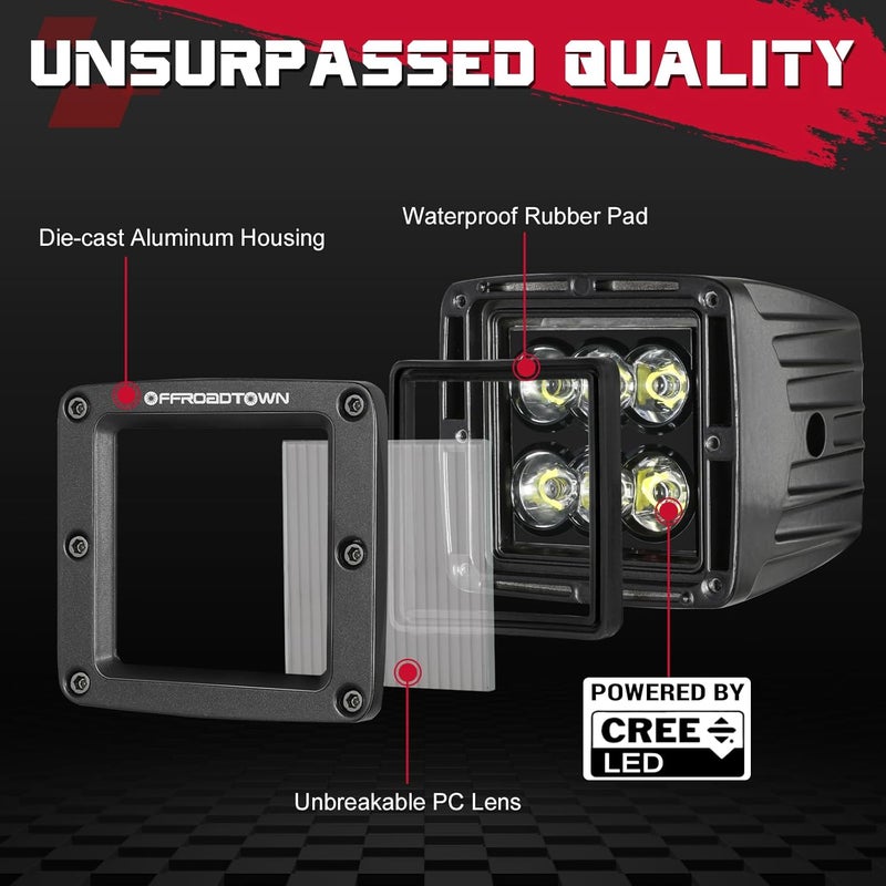 OFFROADTOWN LED Cubes, 3inch 120W CREE LED Pods Driving Lights Cubes Ditch Light Off Road Lights Reverse Light for Truck Pickup UTV ATV SUV Boat 4x4 Car - Driving Flood - Image 3